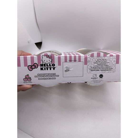 Hello Kitty Glass Tumbler Set With Bamboo Lids and Straws...